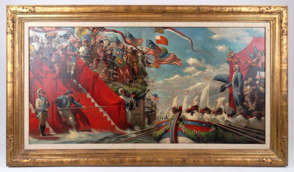 Striking a patriotic theme in advance of the July 4 American holiday, this illustration signed “Riggs” soared to $10,530 from its $300/500 estimate. The oil on panel depicting the inauguration of America’s first president George Washington, measured 18 by 36 inches and was labeled verso “Illustration House ... Ct.”