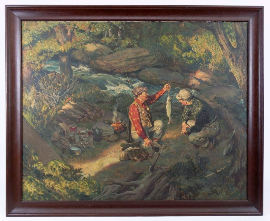 Another illustration to well in the sale was this fishing theme by John Falter (1910–1982). Fetching $9,360, the oil on canvas laid on panel was signed and dated lower right corner “John Falter ’42” and was 24 by 30½ inches.