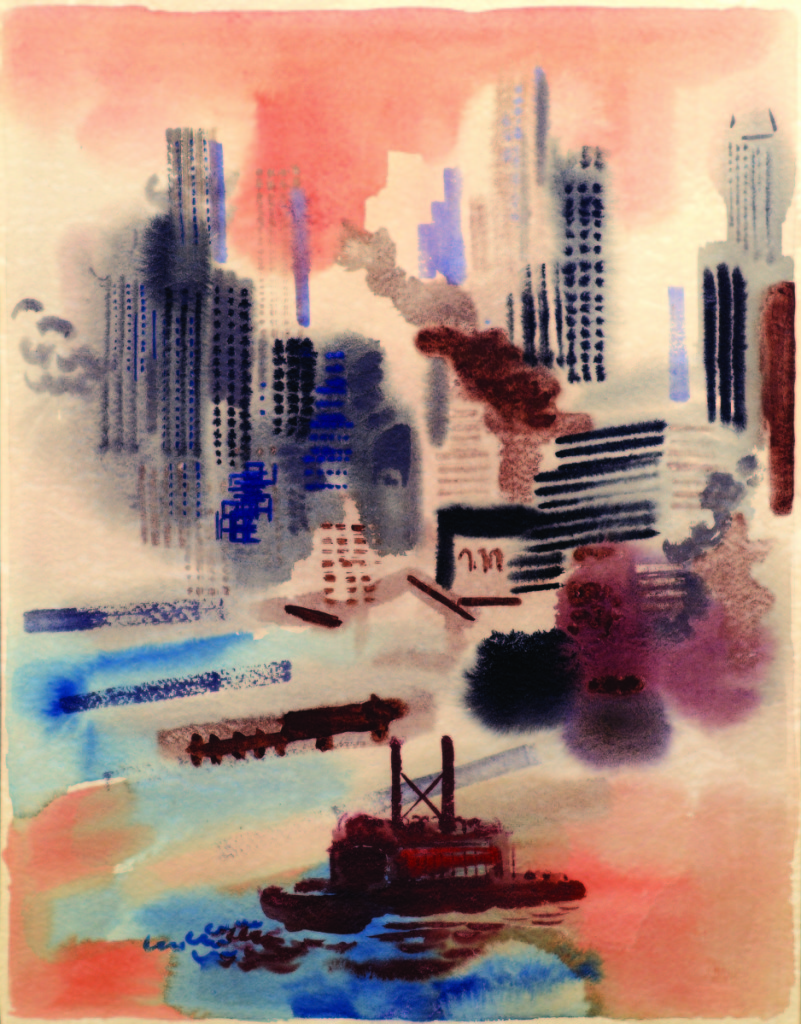 “New York Skyline” by George Grosz (German American, 1893–1959), 1936, watercolor, 18 by 14 inches.