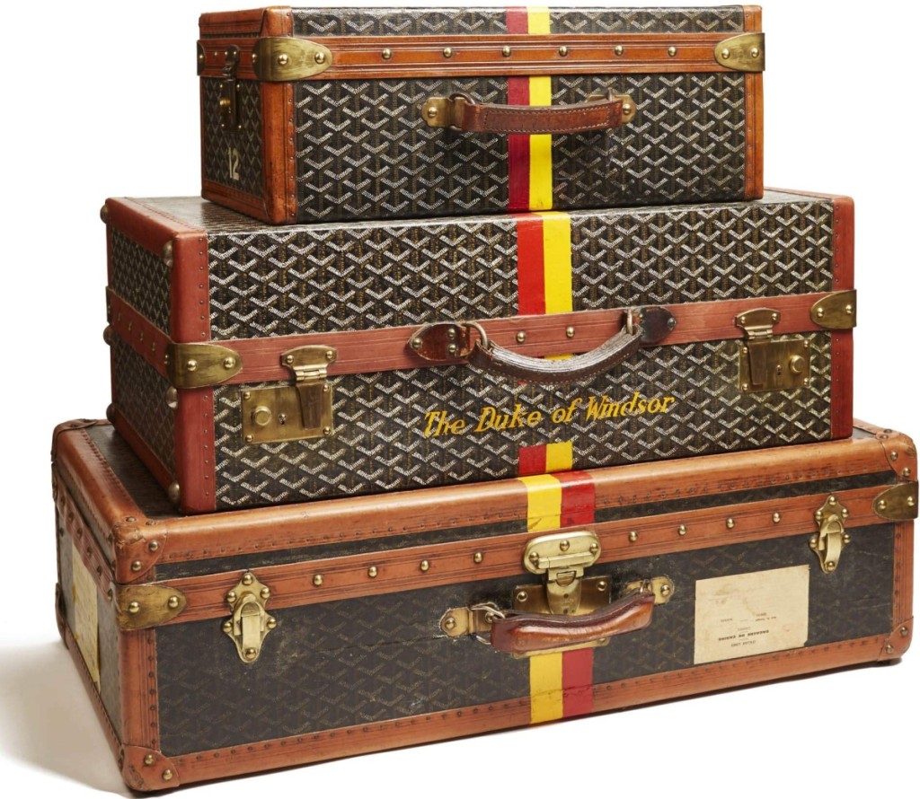 Fashion scholar Michelle Tolini Finamore writes that “a passenger’s luggage was an extension of his or her ensemble, and Louis Vuitton or Goyard trunks were immediate markers of socioeconomic status.” Luggage owned by the Duke and Duchess of Windsor by Maison Goyard, Paris, about 1940s. Coated and painted canvas, leather, brass and wood. Miottel Museum.                 —Luke Abiol photo