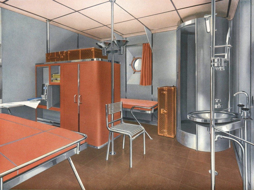 In 1934, French designer Rene Herbst organized a design competition for cabin furnishings made completely from stainless steel. Inventive though the designs were, they proved impractical because of the weight and structural limits of steel at the time. First-class steel cabin design by René Herbst, 1935. Phillips Library, Peabody Essex Museum. —Jarrod Staples photo