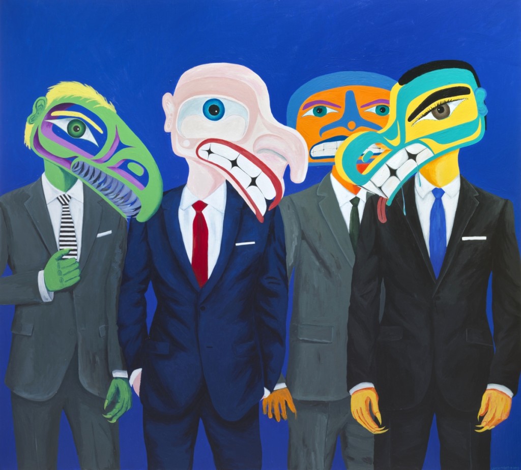 “Multi-National Conglomerates Hostile Take Over of the New World Order” by Lawrence Paul Yuxwelupton (Canadian, b 1957), 2017, acrylic on canvas, 120 by 132 inches, courtesy of the artist and Macaulay & Co. Fine Art.