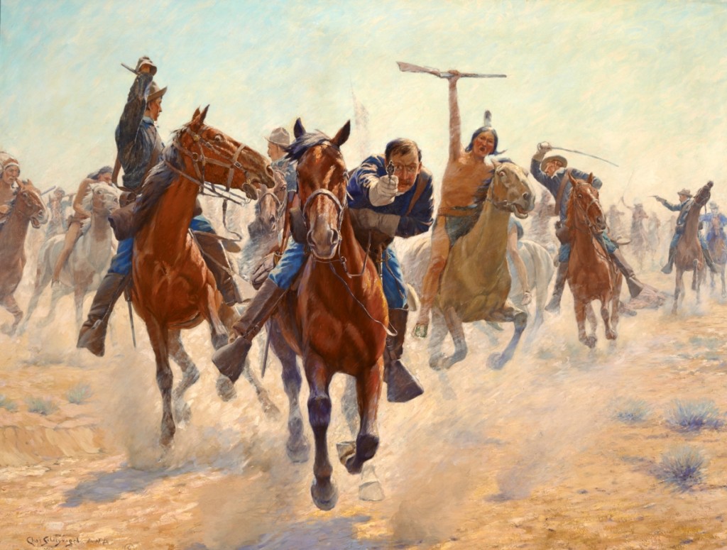 “Breaking Through the Line” by Charles Schreyvogel (1861–1912), no date. Oil on canvas, 46¼ by 58-  inches. Gilcrease Museum