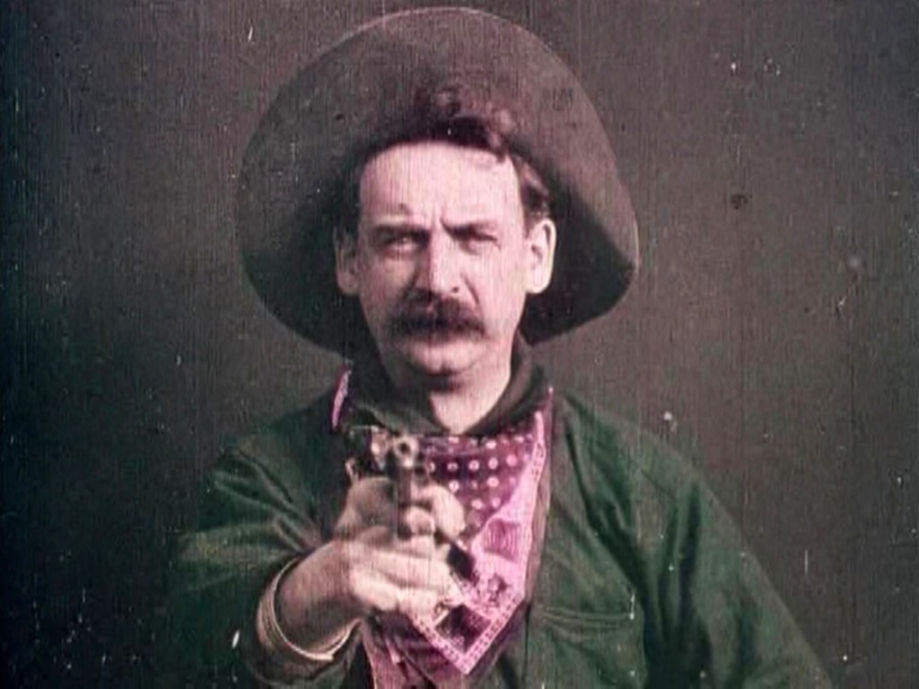 Justus D. Barnes in The Great Train Robbery, directed by Edwin S. Porter (uncredited), Edison Manufacturing Company, 1903.