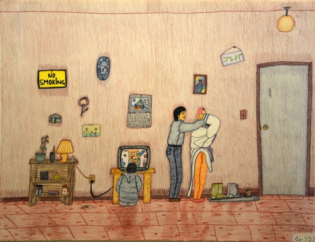 Annie Pootoogook (Inuit, 1969–2016), “Watching the Simpsons on TV,” 2003, pencil, ink, pencil crayon 20 by 26 inches. Courtesy Edward J. Guarino Collection.