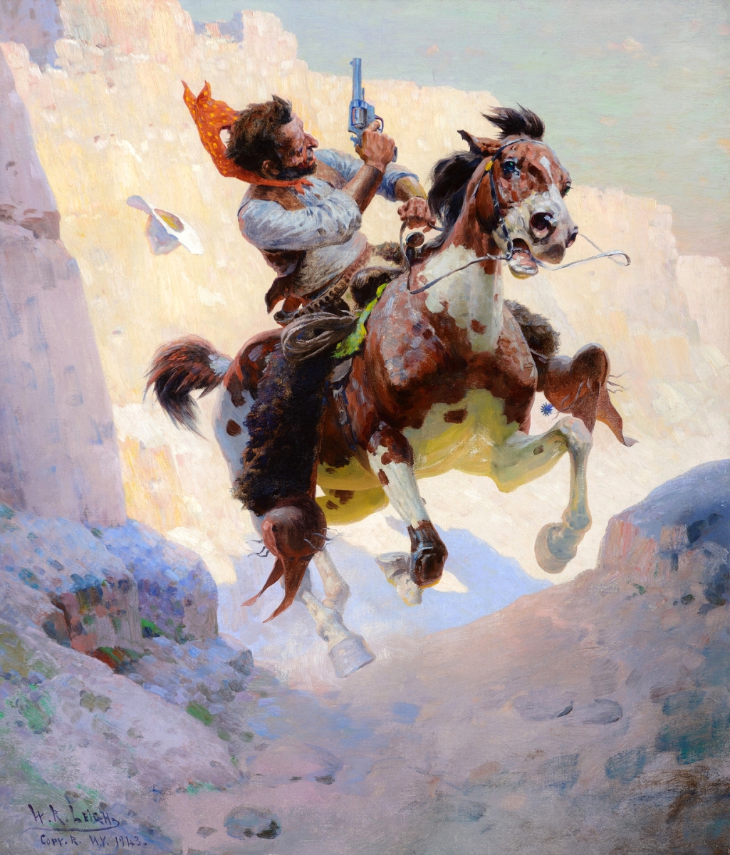 “A Close Call” by William R. Leigh (1866–1955), 1943, oil on canvas, 35 by 30 inches $1,155,000 ($800,000–$1.2 million).