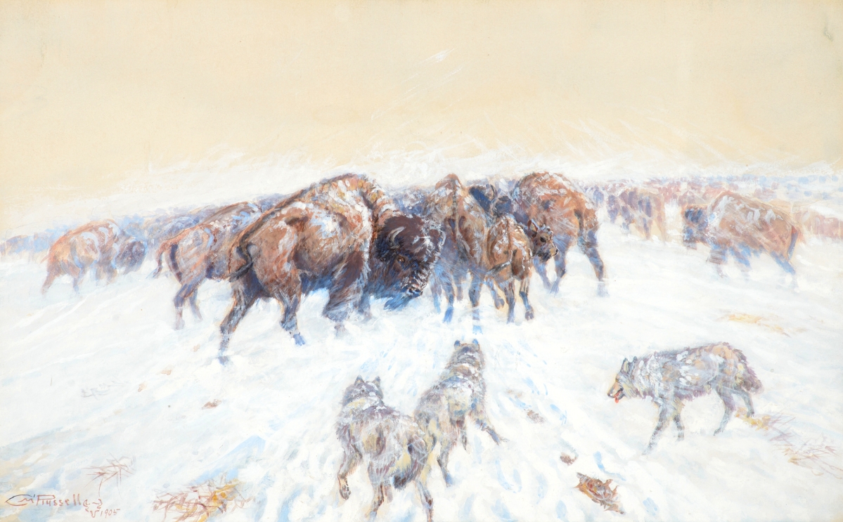 “Montana Winter” by Charles M. Russell (1864–1926), 1905, gouache on paper, 12 by 19 inches, $565,250 ($100/150,000).