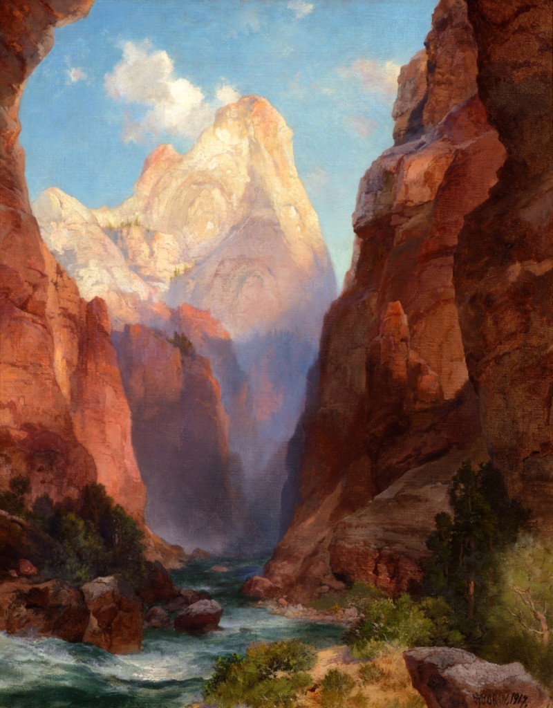 “The Rio Virgin, Southern Utah” by Thomas Moran (1837–1926), 1917, oil on canvas, 20 by 16 inches, $651,000 ($600/900,000).