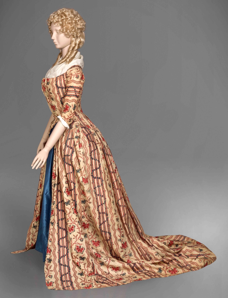 Patterned fabrics from India were popular for both personal garments and fabric furnishings for the home. Here, an English gown, 1780–90, made from mordant-printed and resist-dyed cotton with linen linings and baleen boning.