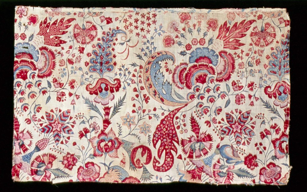 This India cotton chintz fragment with its lively pattern and colors was mordant painted and resist dyed around 1710–30.