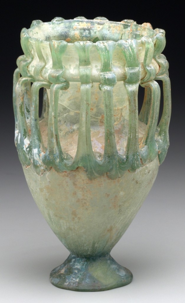 Jar with 16 handles, Roman, Eastern Mediterranean, Fourth–Fifth Century CE, free-blown glass with trailed handles, 6-9/16 by 3-  inches. Yale University Art Gallery, the Anna Rosalie Mansfield Collection.