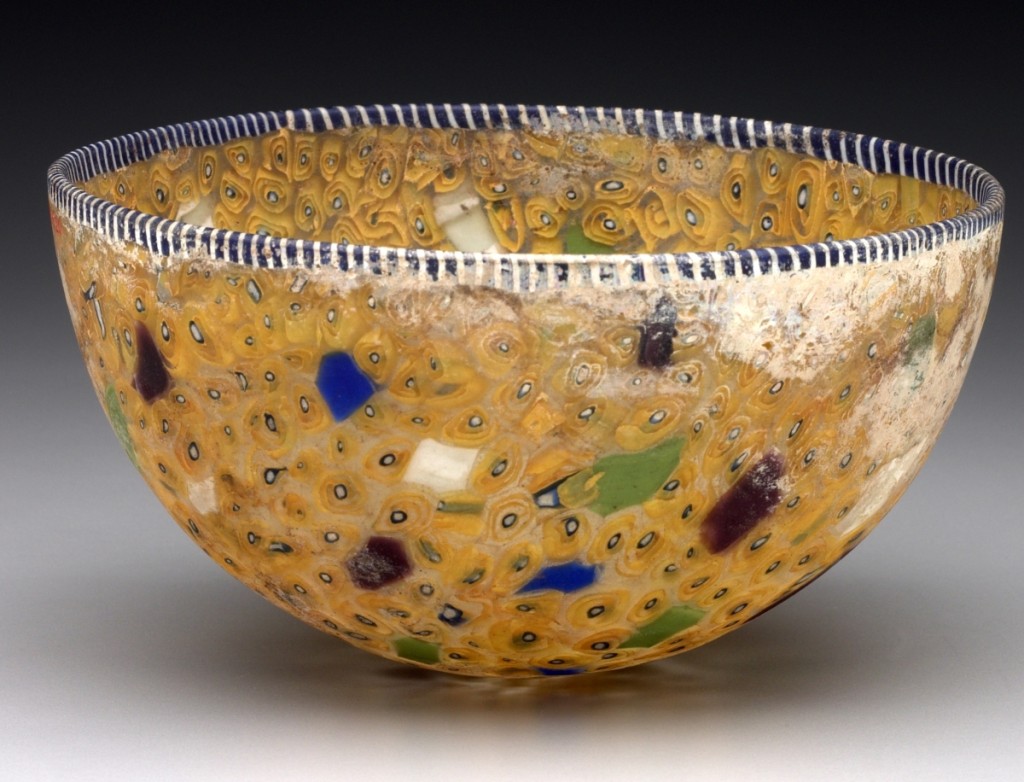 Bowl, Hellenistic or Roman, Eastern Mediterranean, late Second Century BC–early First Century CE, cast mosaic glass, 3-1/16 by 59/16 inches. Yale University Art Gallery, Hobart and Edward Small Moore Memorial Collection, bequest of Mrs William H. Moore.