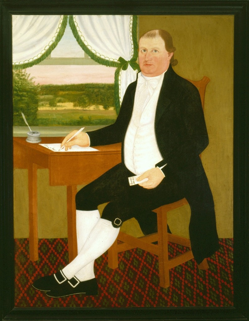 “James Eldredge” by John Brewster Jr, 1795, oil on canvas in black painted wood frame; gift of Franklin Q. Brown Jr, Sylvia E. Morss, Dorothy B. Hoar, Phillip B. French, Leigh H. French and Jane Acheson Brown.