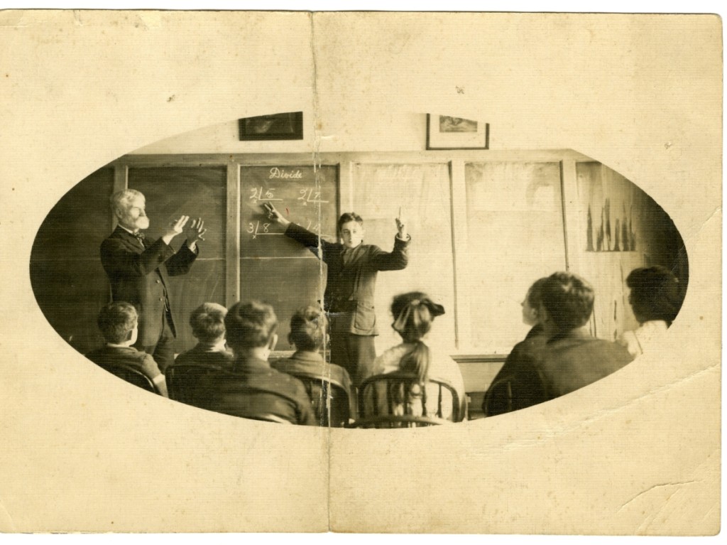 Teacher John Crane and classroom, about 1900; ASD Archives.