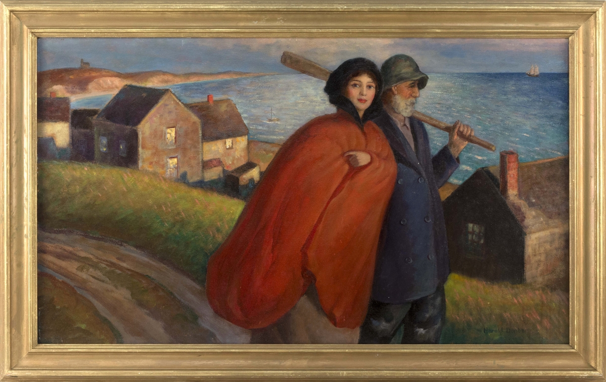 Bidders drove this Harold Dunbar scene of a young woman and a captain on an evening stroll, probably in Chatham, to $78,000, far over its $3/5,000 estimate and the artist’s previous auction record price of $5,750, set here at Eldred’s.