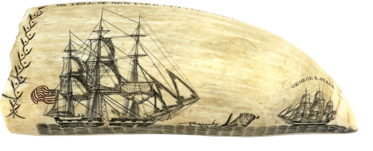 Setting a new record for a piece of scrimshaw, at $456,000, this tooth is inscribed “Engraved by Edward Burdett of Nantucket Onboard the Ship William Tell.” It depicts three identified whaling vessels, a whaleboat capturing a whale, a coastal lighthouse and more. Each vessel was flying American flags and/or pennants. Shipping records indicate that Burdett probably created this tooth between 1830 and 1833. The price exceeded the previous record by more than $100,000.