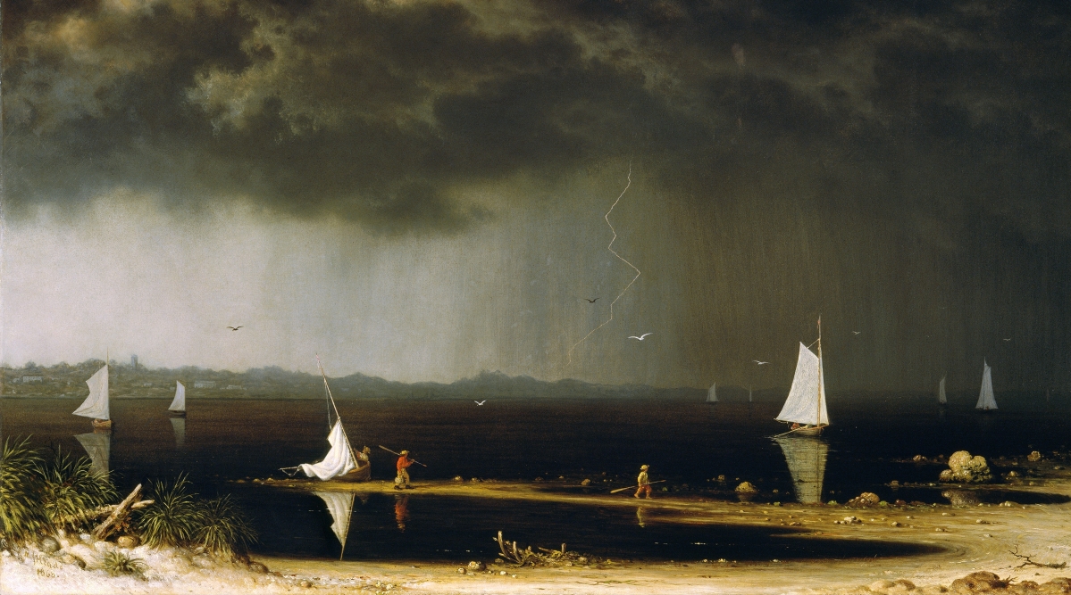 Weather is among the perils faced by those who fish for a living. Here, sailboats rush to shore as a jagged lightning bolt breaks across the horizon. “Thunder Storm on Narragansett Bay” by Martin Johnson Heade, 1868. Oil on canvas. Amon Carter Museum of American Art.
