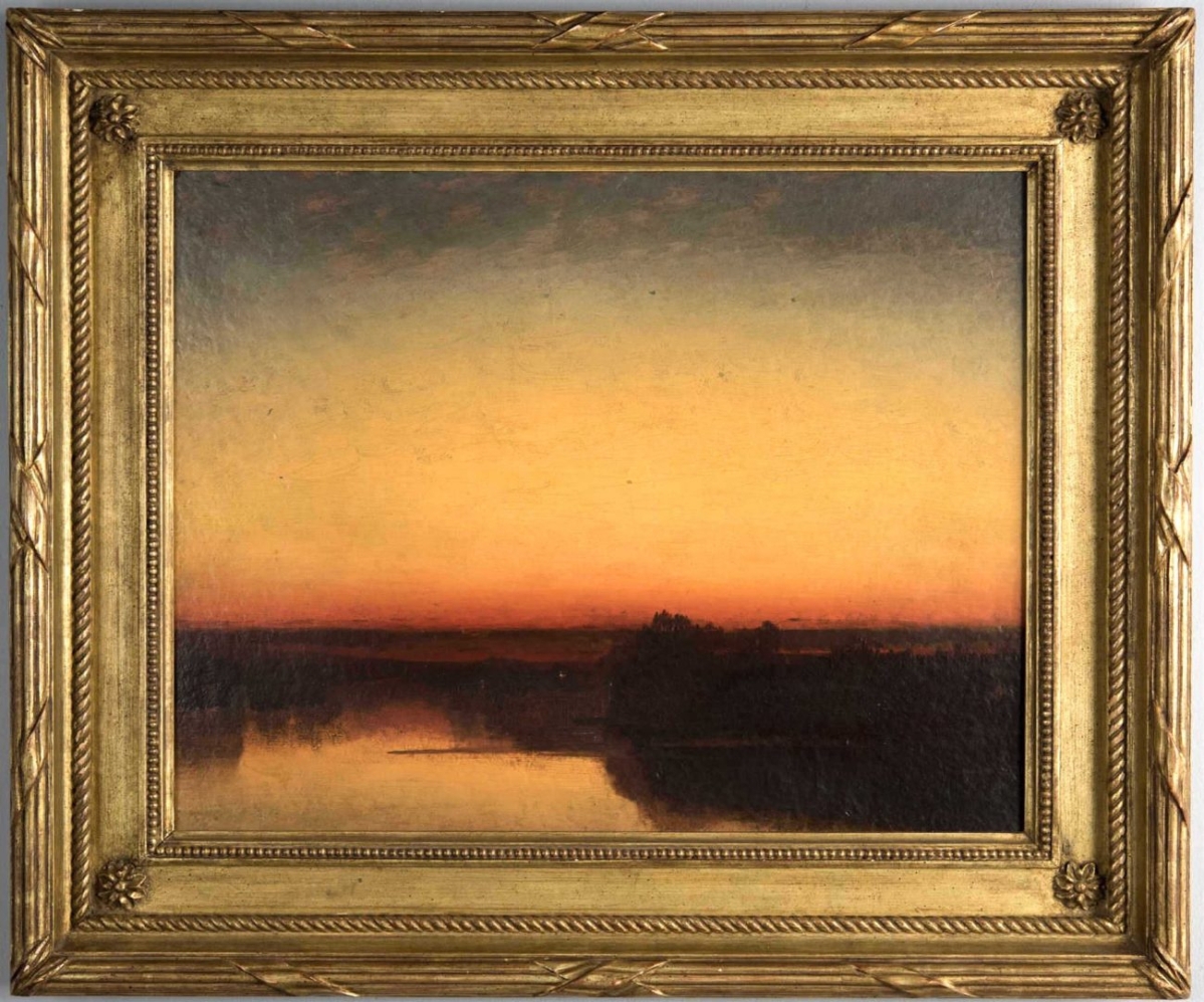 John Frederick Kensett’s Luminist oil on board “Early Autumn,” showing a sunrise over Contentment Island near his studio in Darien, Conn., brought $94,800. It came out of the Dr Benjamin Caldwell estate, which was featured prominently in the auction. Caldwell was a tastemaker and mentor in the decorative arts world, often giving lectures at Winterthur, MESDA, the Natchez Antiques Forum and other institutions.