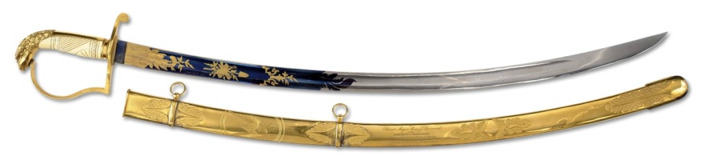 Selling for $41,400, at the middle of the estimate, was this spectacular and unique Nantucket presentation sword to Mexican War hero Major Moses Barnard for “Planting the First American Flag on Parapet at Storming of Chapultepec,” September 13, 1847.