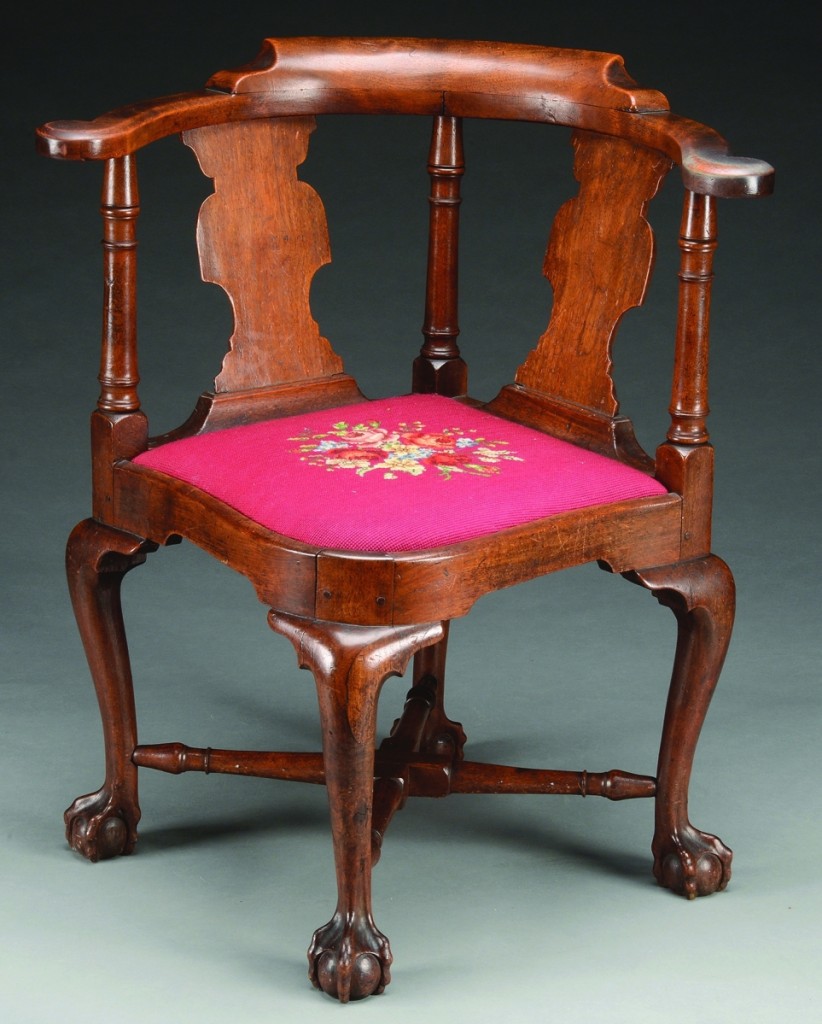 One of the important pieces of furniture in the sale was this exceptional and rare Massachusetts Queen Anne transitional walnut ball and claw foot corner chair, second quarter of the Eighteenth Century, Massachusetts. With a high estimate of $18,000, it sold to a phone bidder for $30,250.