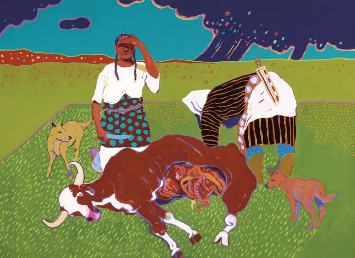 In 1972, what is now the Smithsonian American Art Museum exhibited together the work of Fritz Scholder (1937–2005) and T.C. Cannon (1946–1978). The Native American artists were leading exponents of the Pop movement. Cannon’s “Beef Issue at Fort Sill,” which alludes to the strained history of Native American and US government relations, is one of the artist’s most exhibited and published works. It eclipsed estimate to sell for $180,000, in what appears to be a record for the artist at auction.