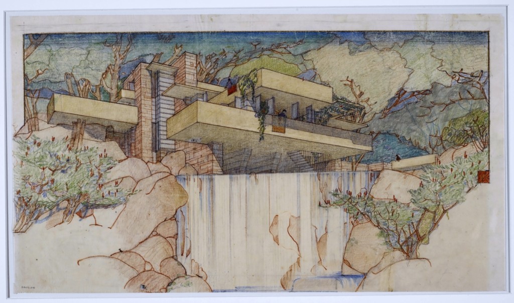 “Fallingwater (Kaufmann House), Mill Run, Pennsylvania,” 1934–37; perspective from the south, pencil and colored pencil on paper, 15-  by 25¼ inches, the Frank Lloyd Wright Foundation Archives (Museum of Modern Art | Avery Architectural & Fine Arts Library, Columbia University, New York) ©2017 Frank Lloyd Wright Foundation