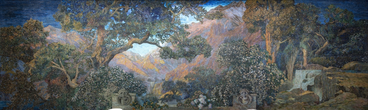 Based on a painting by Maxfield Parrish, the mural is composed of more than a million pieces of glass. It took Tiffany workers a year and a half to produce the glass and a year to create the mural. It is represented in the exhibition via a media presentation in the Mosaic Theater. “The Dream Garden” mural by Tiffany Studios, 1916, for Curtis Publishing Company Building (now Curtis Center & Dream Garden). Pennsylvania Academy of the Fine Arts.