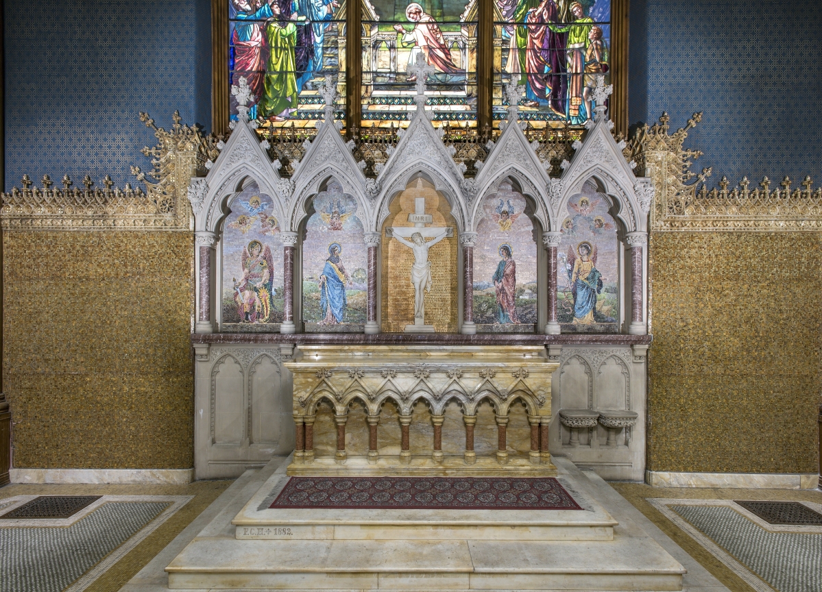 Reredos by Tiffany Glass Company or Tiffany Glass and Decorating Company, designed by Jacob Adolphus Holzer (1858–1938), 1891. St Paul’s Episcopal Church, Troy, N.Y.