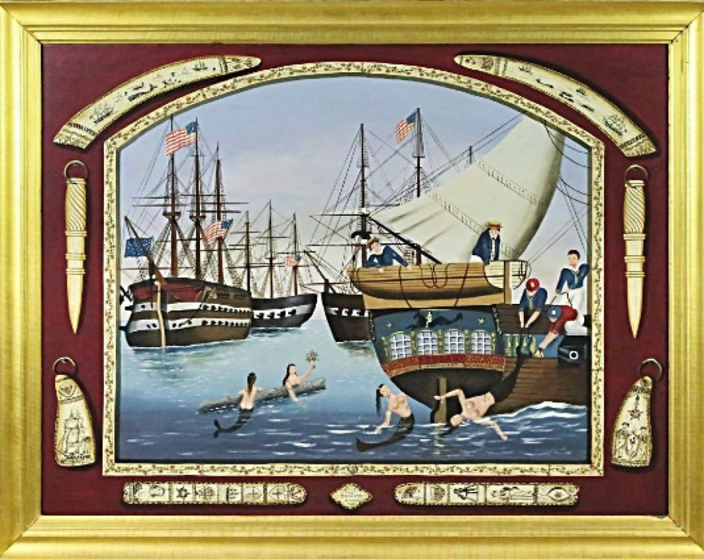 Ralph Cahoon’s painting “Ships and Scrimshaw” realized $96,000 and was depicted on the auction’s catalog cover. It was bought by two friends of the Cahoon Museum.