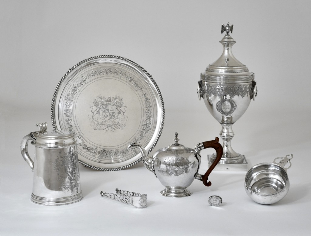 American silver collector Philip H. Hammerslough bequeathed more than 650 examples to the Wadsworth Atheneum. The selection illustrated here includes a tankard by Myer Myers (1723–1795) of New York, a teapot by John Coburn (1724–1803) of Boston and a presentation urn by Joseph Lownes (1754–1820) of Philadelphia.