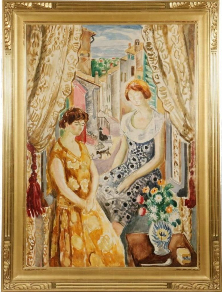 “Two Wives in a Riviera Apartment” by Waldo Peirce, sold for $31,590. It depicted the artist’s wife, actress Ivy Troutman, and Elizabeth Hadley Richardson, Ernest Hemingway’s first wife. Two characters in Hermingway’s The Sun Also Rises were believed to be based on Peirce and his wife.