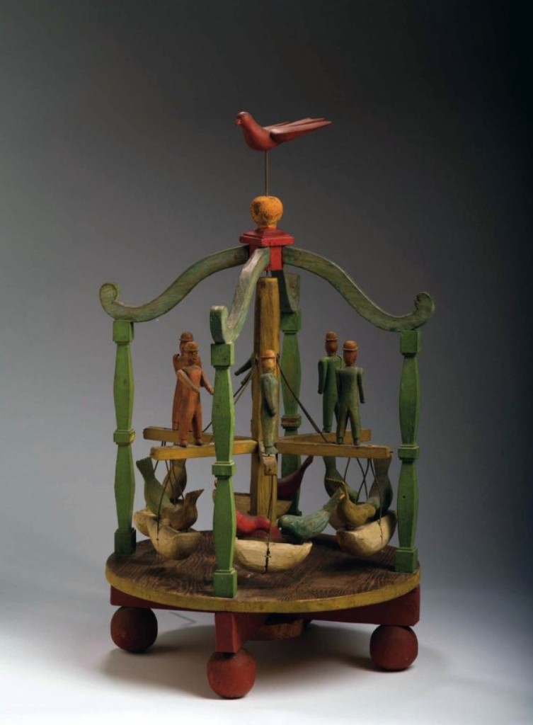 One of the highest priced items in the three-day sale was a carved and painted wood “Carrousel For Birds and Men.” It was done by famed Pennsylvania wood carver John Scholl and had been illustrated in Celebrations in Wood, a catalog of his work. It went to a phone bidder for $90,000.