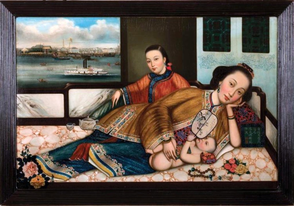 The top priced item in the sale was a large China trade painting of a mother and her child, with a view of the Canton waterfront in the background. Circa 1870, it depicted a Chinese woman and her infant son, with an attendant close at hand. It sold for $102,000.