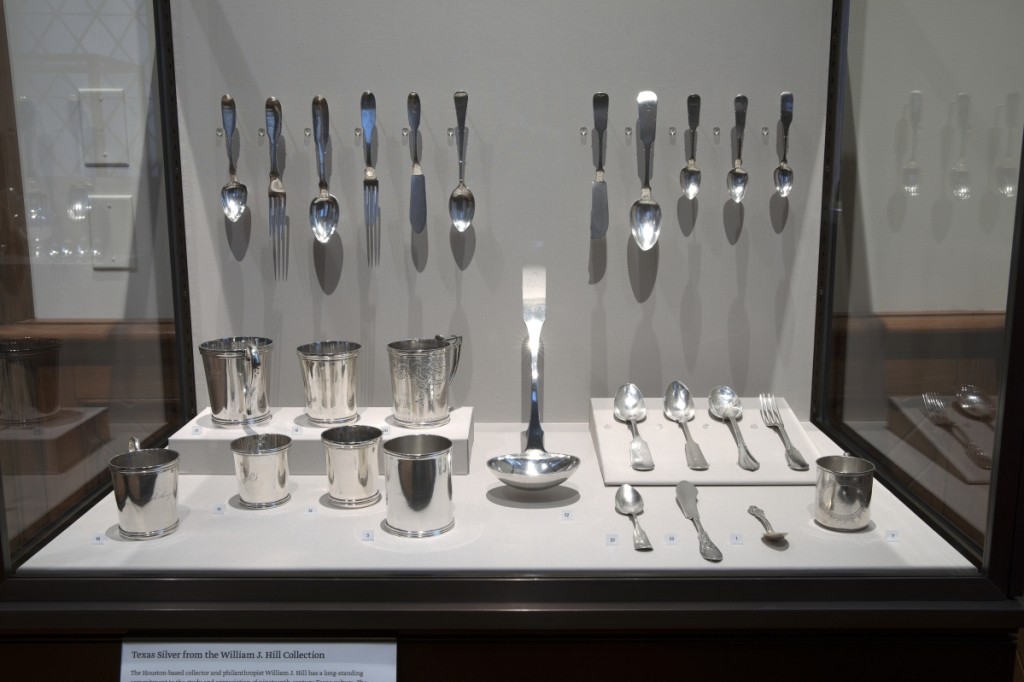 View of the installation of Texas silver lent by William J. Hill, American decorative arts galleries, Yale University Art Gallery.Individual pieces photographed by Paul Hester, Hester + Hardaway Photography. ©The Museum of Fine Arts, Houston