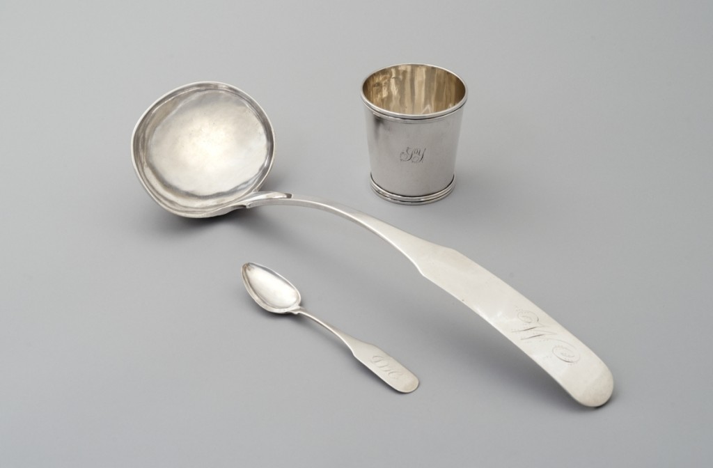 Teaspoon, tumbler and ladle, circa 1851–60.