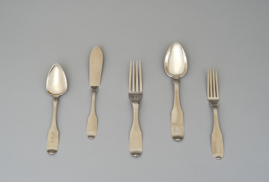 Two tablespoons, butter knife, dinner fork and fork by Samuel Bell, mid-Nineteenth Century.