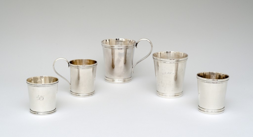 Tumblers and cups by Samuel Bell, circa 1851–60.