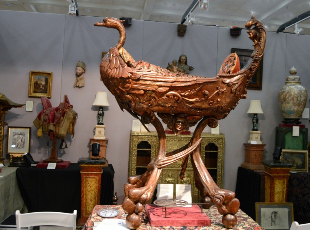 An Eighteenth Century European, baroque swan cradle was on view at Douglas Morse Antiques and Fine Art, Pasadena, Calif.