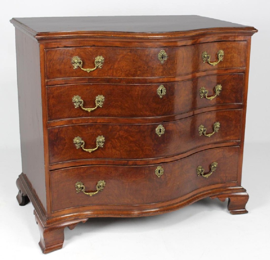 At $21,600, topping the American furniture lots, was a Philadelphia Chippendale mahogany serpentine chest of drawers, circa 1785. It was attributed to Jonathan Gostelowe, a contemporary of Philadelphia cabinetmakers Thomas Affleck, Benjamin Randolph and William Savery. Four phone bidders competed with one in the room and one on the internet.