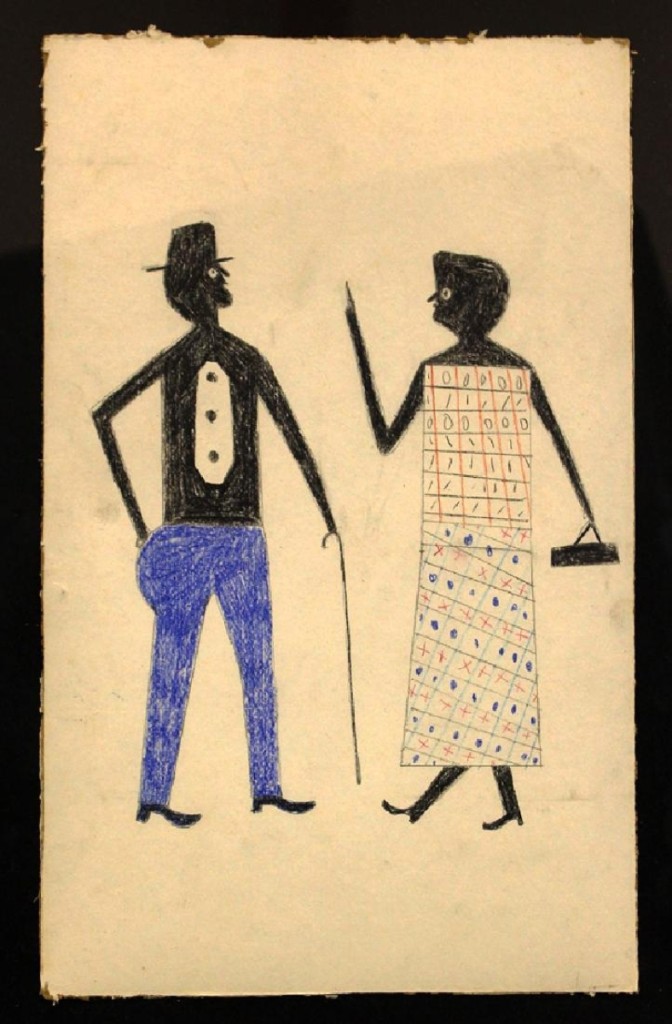 Reaching the highest price of the sale, $39,600, was Bill Traylor’s pencil and crayon on cardboard. It seemed to depict a woman scolding a man.