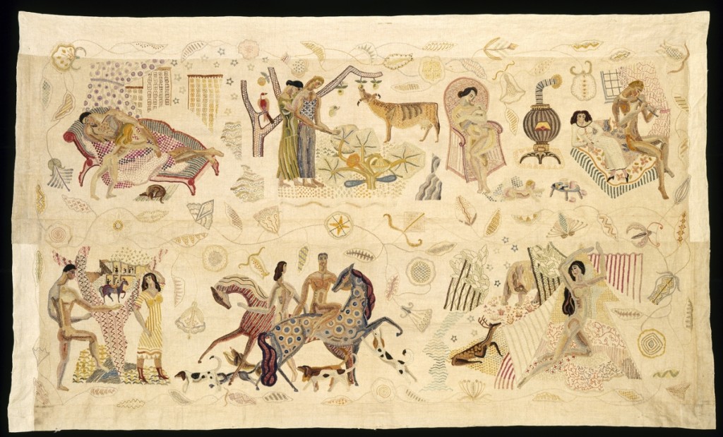 This remarkable object is in fact a modern reassembly of an elaborate, four-part bedcovering Zorach made as a commission for a patron. These are the two side panels, stitched together sometime in their history. This exhibition has reunited them with the foot panel, now in a private collection. Embroidered panel, 1925–28. Polychrome wool embroidered on linen, 53-  by 91-  inches. Museum of Fine Arts, Boston.