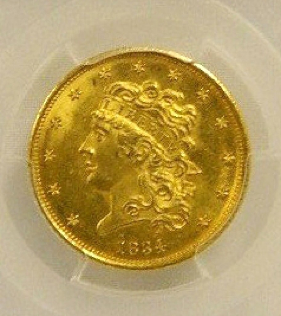 The highest priced item sold on the second day was an 1834 “Classic Head” $5 gold coin, in choice uncirculated condition, which finished at $9,775.