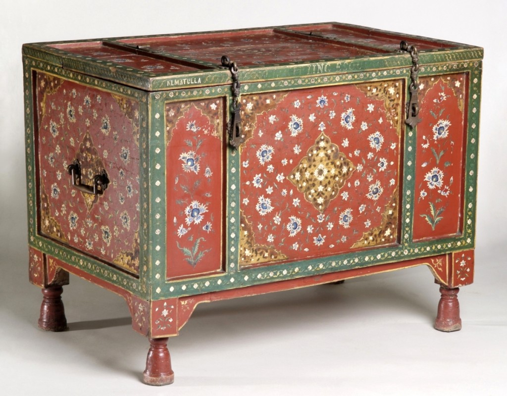 This case piece, ornamented in a traditional Punjabi style, bears the inscriptions “NLMATULLA” (referring to the decorator) and “J. L. KIPLING ESQUIRE.” It was shown at the 1888 Glasgow International Exhibition. Wedding chest by Niamut Ulla of Delhi, circa 1888. Wood, paint and brass. Glasgow Museums and Libraries Collections.