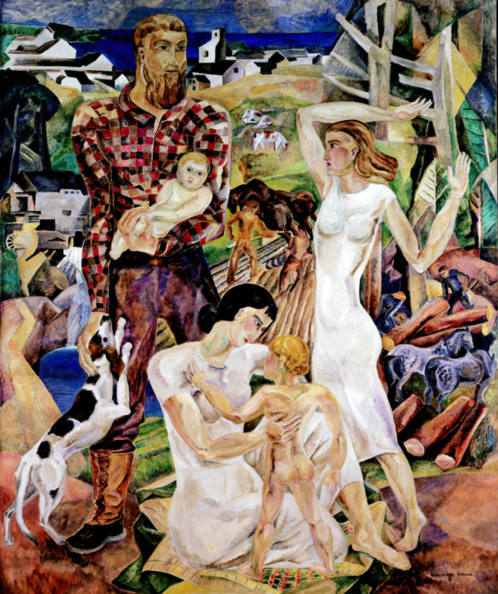 While not related to any of the WPA murals that Zorach completed, this painting explores similar themes of industry and agriculture, showing how New England was built from farming, fishing, lumber and water power. Note the male figure’s plaid flannel shirt and distinctive boots. L.L. Bean started making its iconic Maine Hunting Shoe in 1911. “Land and Development of New England,” 1935. Oil on canvas, 96 by 76 inches. Farnsworth Art Museum.