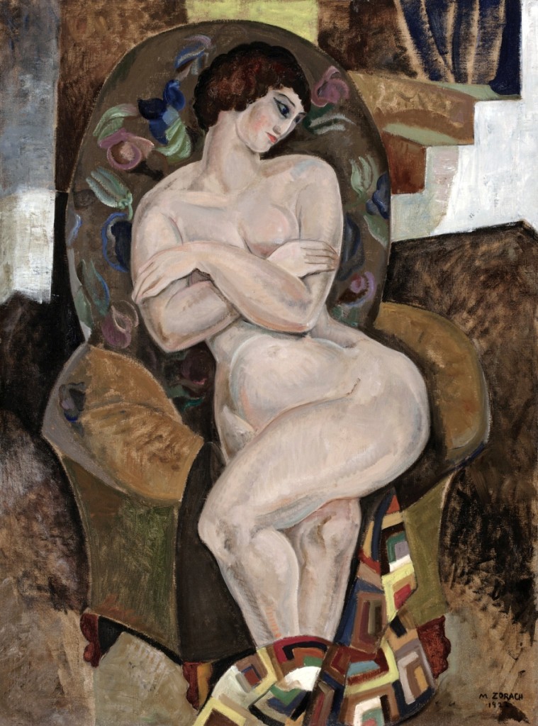 The female nude in an interior was a favorite subject of Modernists. This composition seems clearly influenced by Matisse, who also employed textile patterns in his paintings. Unlike Matisse, however, Zorach here has used not exotic Eastern textiles, but a Log Cabin quilt and needlepoint upholstery. “Nude,” 1922. Oil on canvas, 40¼ by 30 inches. Worcester Art Museum.All works are by Marguerite Zorach, unless otherwise noted. Photos courtesy Farnsworth Art Museum.