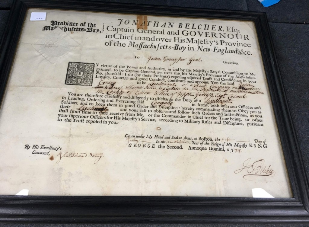 Richard Resser and Ann Thorner, Manchester, N.H., sold several prints, maps, bookplates and other items right up to the show’s end on Sunday. Included was this commission for Jonathan Belcher, Eighteenth Century merchant, businessman and politician from the province of Massachusetts Bay during the American Colonial period. Belcher served simultaneously for more than a decade as colonial governor of the British colonies of New Hampshire (1729–1741) and Massachusetts (1730–1741), and later as governor of New Jersey (1747–1757). This document was dated 1738.