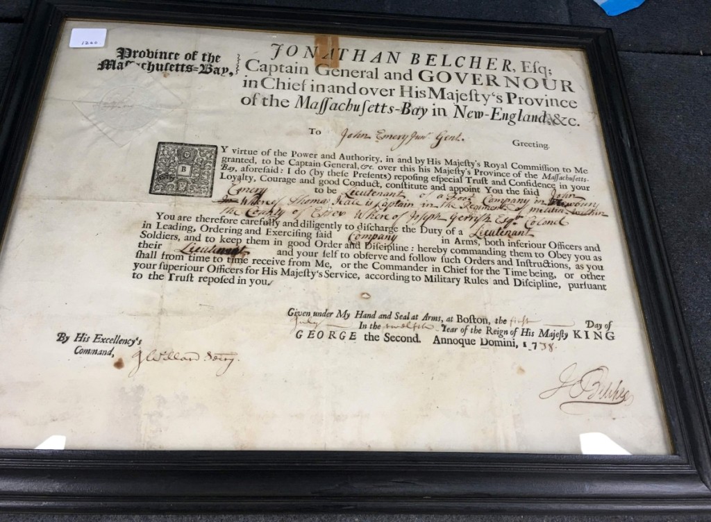 Richard Resser and Ann Thorner, Manchester, N.H., sold several prints, maps, bookplates and other items right up to the show’s end on Sunday. Included was this commission for Jonathan Belcher, Eighteenth Century merchant, businessman and politician from the province of Massachusetts Bay during the American Colonial period. Belcher served simultaneously for more than a decade as colonial governor of the British colonies of New Hampshire (1729–1741) and Massachusetts (1730–1741), and later as governor of New Jersey (1747–1757). This document was dated 1738.