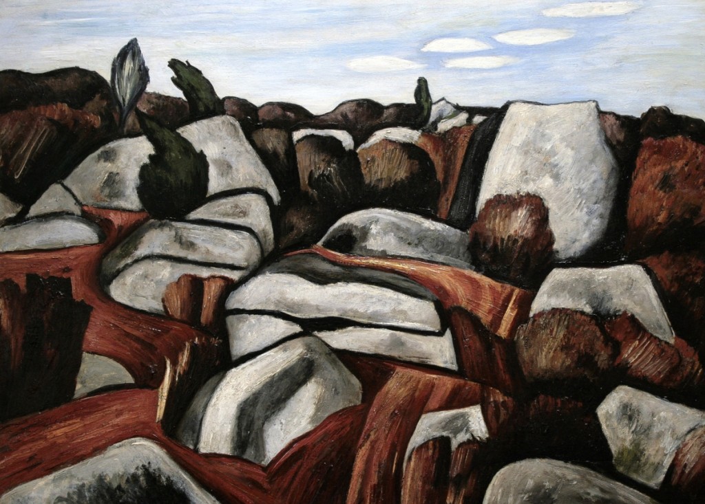 “Rock Doxology, Dogtown,” Marsden Hartley (1877–1943), 1931, oil on board, collection of the Cape Ann Museum, gift of Robert L. and Elizabeth French.