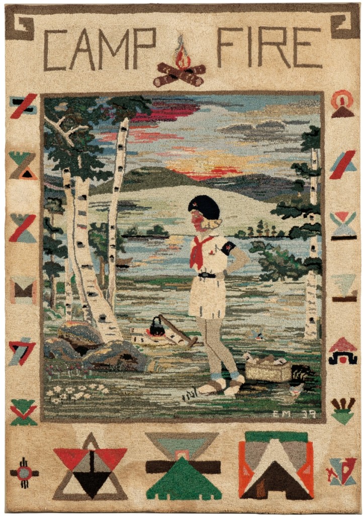 From the Pam and Jim Alexander collection, this bright pictorial hooked rug almost didn’t make it to the auction. It was Pam’s favorite item, perhaps because she was a Camp Fire girl, and she agreed only at the last minute to part with it. Bidders liked it, too, as it went for $1,968.