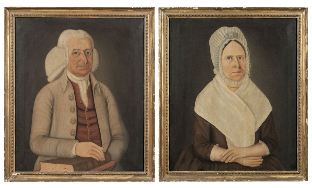 A pair of signed and dated portraits by John Brewster Jr (American, 1766–1854) realized $43,050. They depicted Deacon Benjamin Titcomb (1726–1798) and his wife Anne Pearson Titcomb (1729–1800), and were signed, dated and inscribed “Painted by John Brewster 1798” (on the stretcher of Anne Titcomb’s portrait). The pair sold for $43,050.